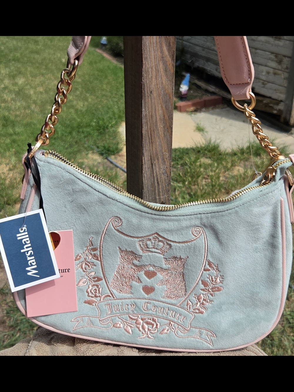 Juicy Couture Pale Green Suede Shoulder Bag with Pink Trim